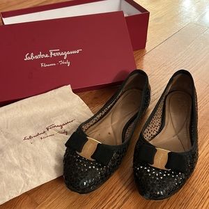 Salvatore Ferragamo Shelly black floral laser cut black patent leather bow flats